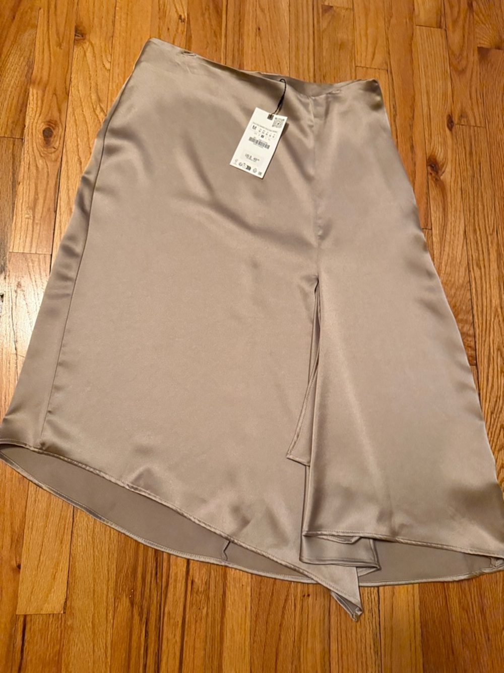 Satin Zara Asymmetrical Midi Skirt in Taupe